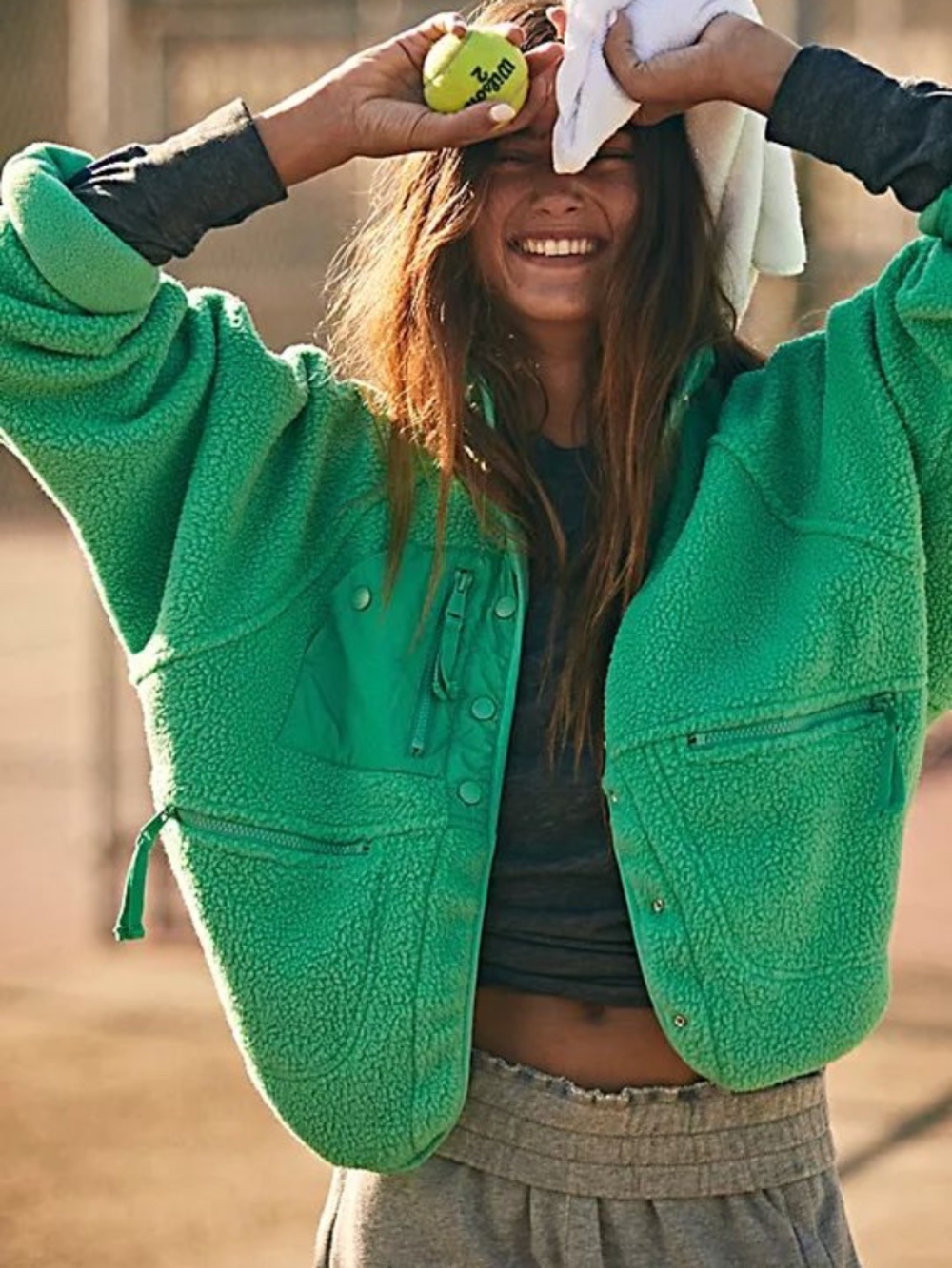 Free People FP Movement Hit The Slopes Fleece Jacket in Jade Dreams, size XS EUC